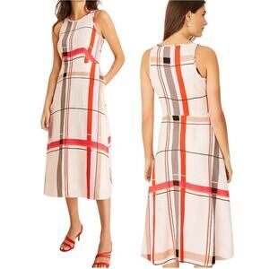 Ann Taylor Linen Blend Midi Fit & Flare Dress
Plaid Pockets Pink Gray 6